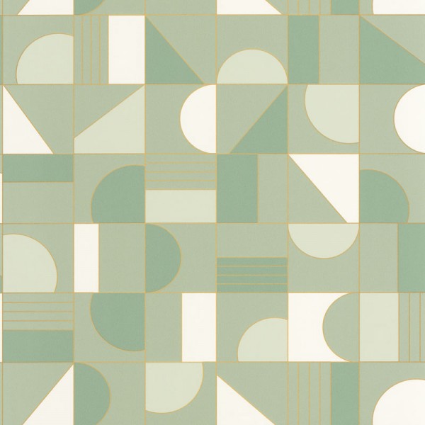 papel de parede puzzle, formas geométricas em verde menta, branco e dourado metálico.