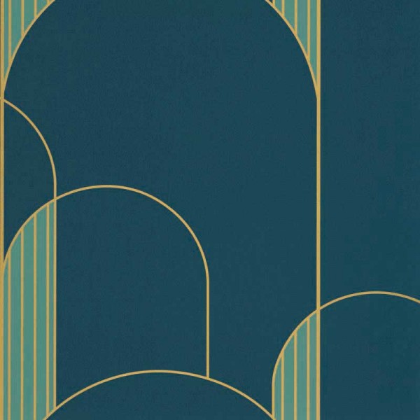 papel pintado con arcos, este contiene elementos geométricos de color azul marino, verde turquesa y dorado metalizado