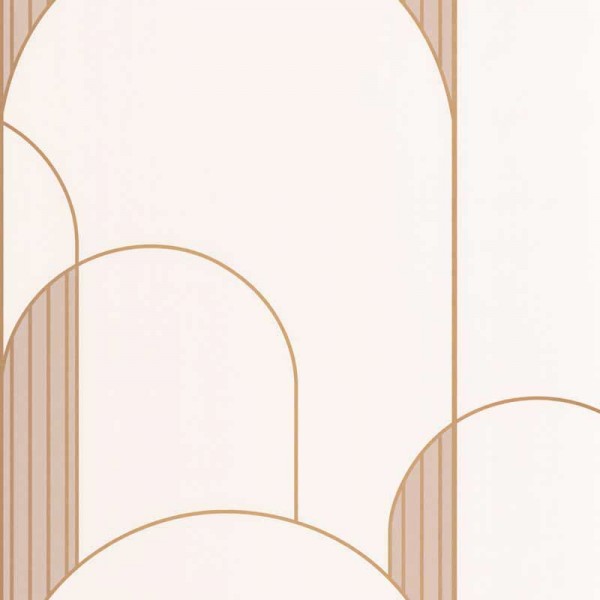 papel de parede com arcos, este contém elementos geométricos em branco, rosas e ouro metálico,