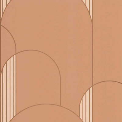 papel pintado con arcos, este contiene elementos geométricos de color rosa coral y dorado metalizado