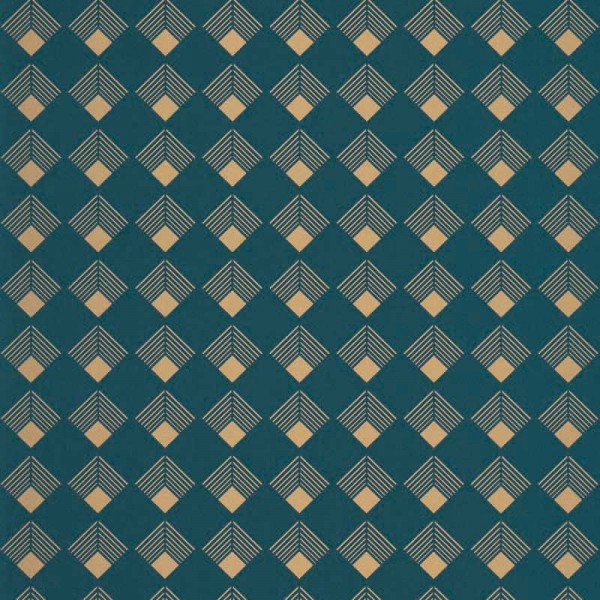 papel de parede art deco losangos de ouro metálico e fundo azul marinho