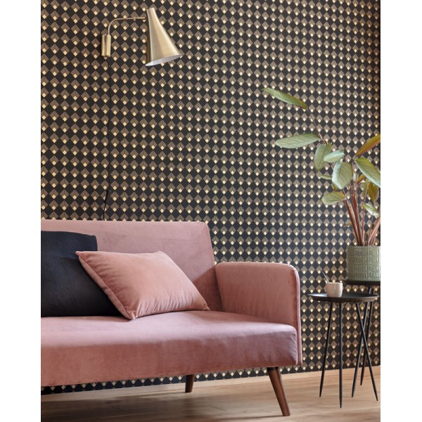 papel de parede art deco losangos de ouro metálico e fundo branco,