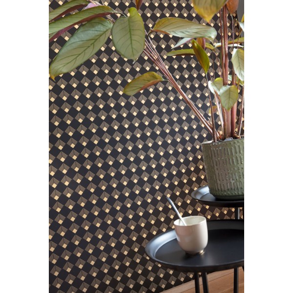 papel de parede art deco losangos de ouro metálico e fundo preto