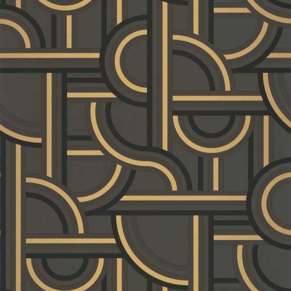 papel de parede efeito labirinto com elementos geométricos em preto com tons dourados metálicos.