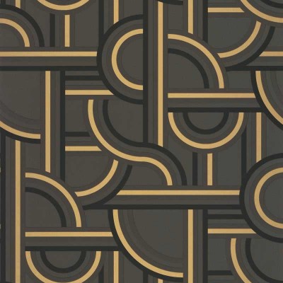 papel de parede efeito labirinto com elementos geométricos em preto com tons dourados metálicos.