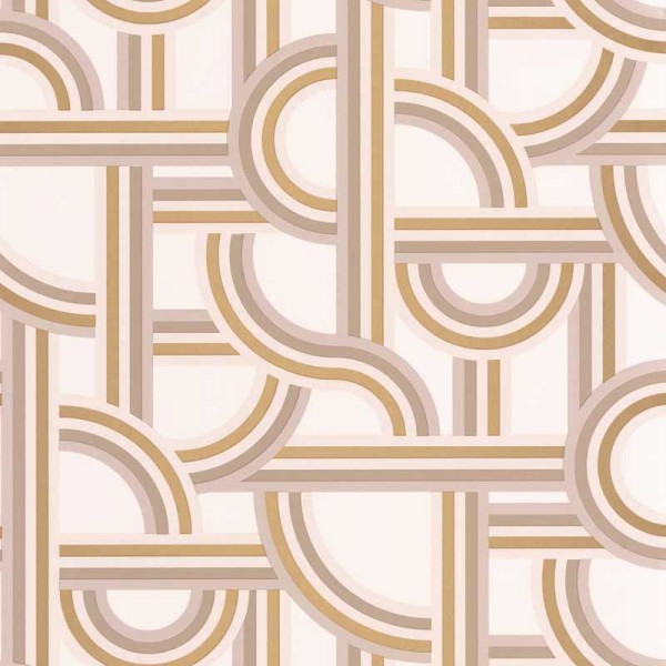 papel de parede efeito labirinto com elementos geométricos em bege rosa com tons dourados metálicos.