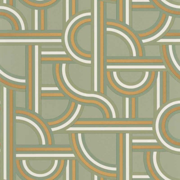 paper pintat efecte laberint amb elements geomètrics de color verd grisenc amb tonalitats daurades