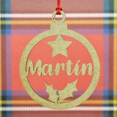 Bola de Natal personalizada com estrela e folha de azevinho BN103