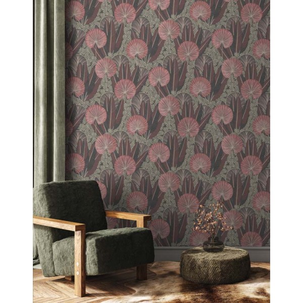 Papel de parede de vegetação com folhas tropicais e exóticas em tons verdes e metálicos de bege dourado. Papel de parede de vegetação com folhas tropicais e exóticas em tons verdes e metálicos de bege dourado.