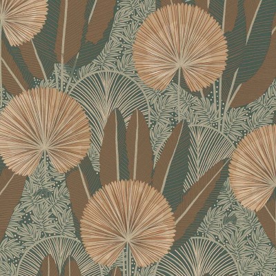 Paper pintat vegetación amb plantes i fulles tropicales verdes i tonalitats metal·litzades taronja i 
 verd Paper pintat vegetación amb plantes i fulles tropicales verdes i tonalitats metal·litzades taronja i 
 verd