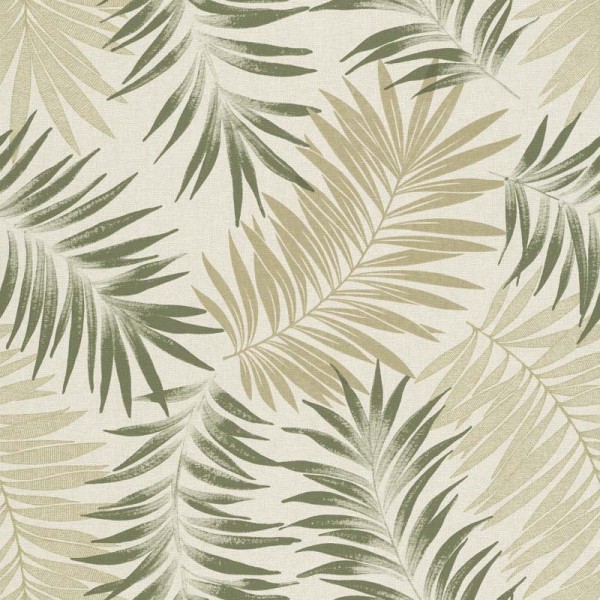 Papel de parede folhas tropicais cor verde e bege com fundo branco quebrado.