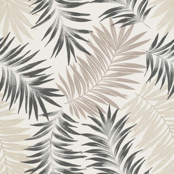 PPapel de parede de folhas tropicais pretas e bege com fundo branco. Papel de parede tropical texturizado