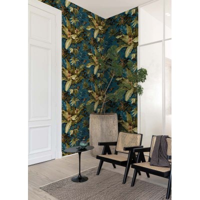 papel de parede mostrando-nos um jardim cheio de plantas e flores cor verde cáqui e coral com um fundo azul bondi 2
