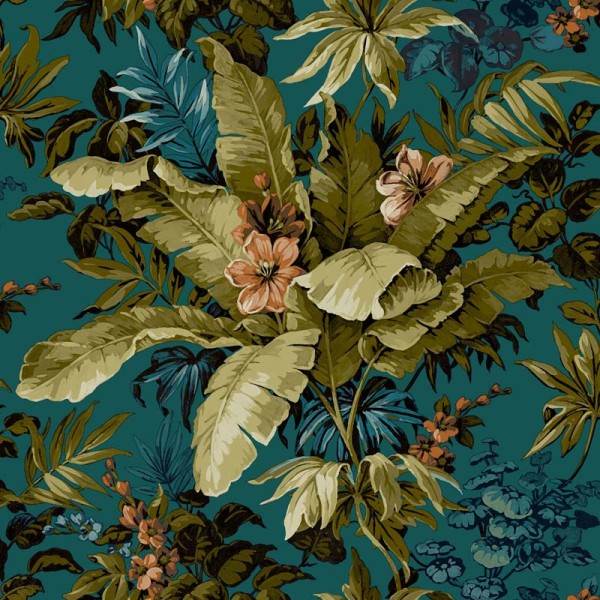 papel de parede mostrando-nos um jardim cheio de plantas e flores cor verde cáqui e coral com um fundo azul bondi