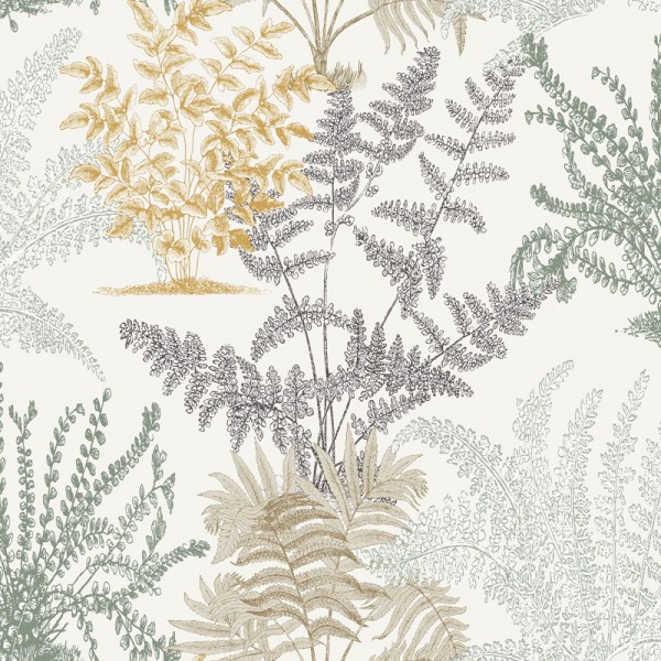 papel pintado botánico silvestre lleno de plantas y hojas de color verde grisáceo, negro, beige, gris y mostaza con fondo blanco