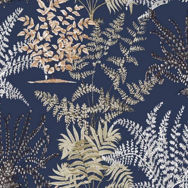 papel pintado botánico silvestre lleno de plantas y hojas con fondo azul marino