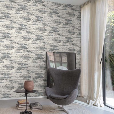 papel pintado ladrillo desgastado marrón con una capa de hormigón desgastado de color gris claro