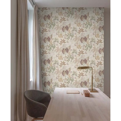 papel pintado vegetación tropical con fondo verde menta y tonalidades metalizadas 2