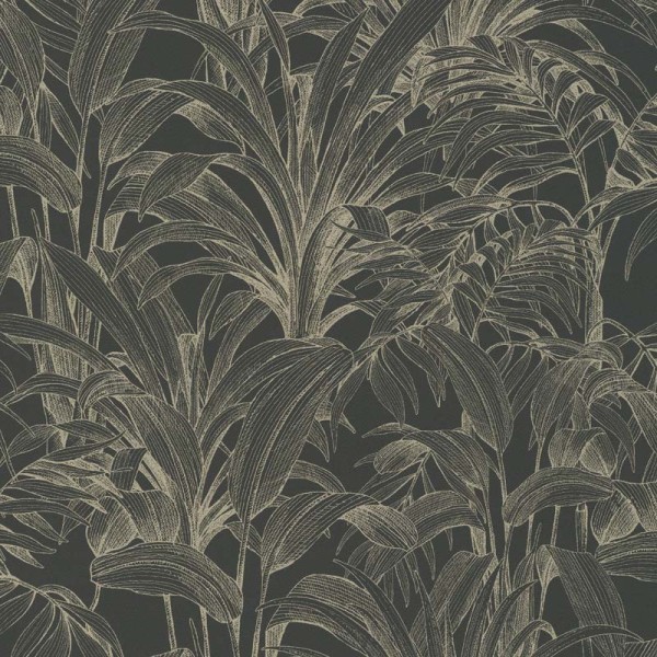 Paper pintat amb fulles tropicals daurades amb fons negre