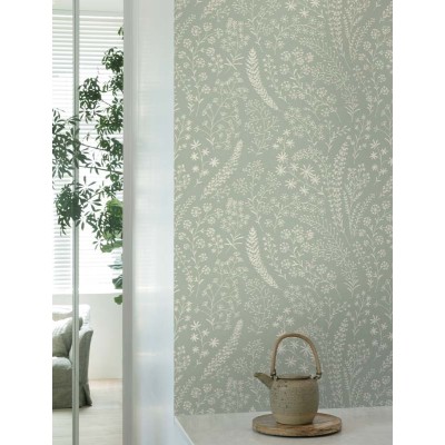 papel pintado con flores silvestre de color blanco y fondo gris