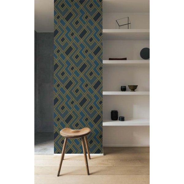 papel de parede geométrico em forma de labirinto cor azul bondi e ouro escuro