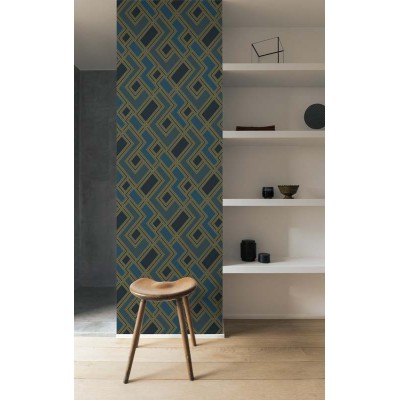 papel de parede geométrico em forma de labirinto cor azul bondi e ouro escuro