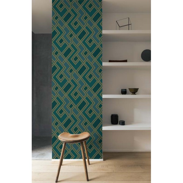 papel pintado geométrico en forma de laberinto de color verde oscuro con dorado metalizado oscuro