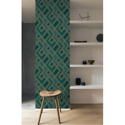 papel pintado geométrico en forma de laberinto de color verde oscuro con dorado metalizado oscuro