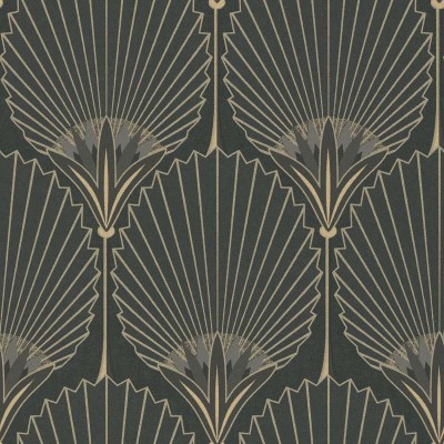 Paper pintat palmeres negres amb estil art deco i tonalitats daurades.