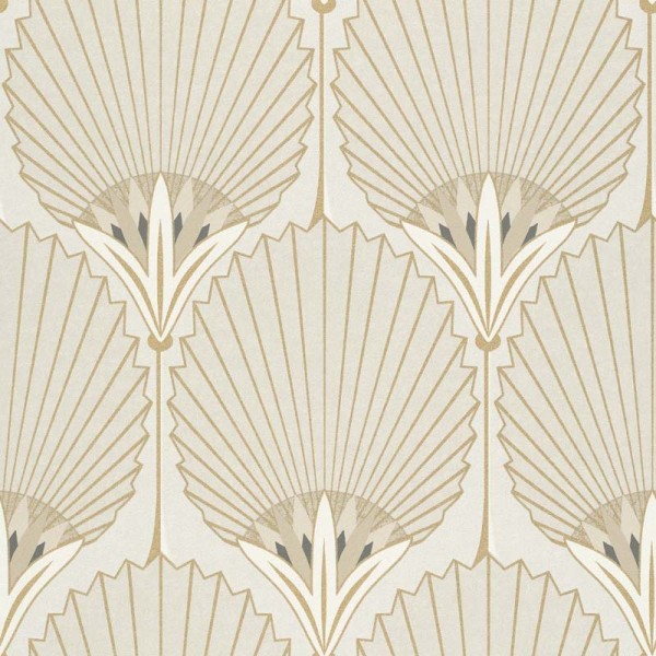 Paper pintat palmeres beige amb estil art deco i tonalitats daurades.