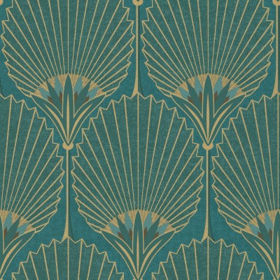 Papel de parede com palmeiras cor azul bondi com estilo art deco e tons ouro