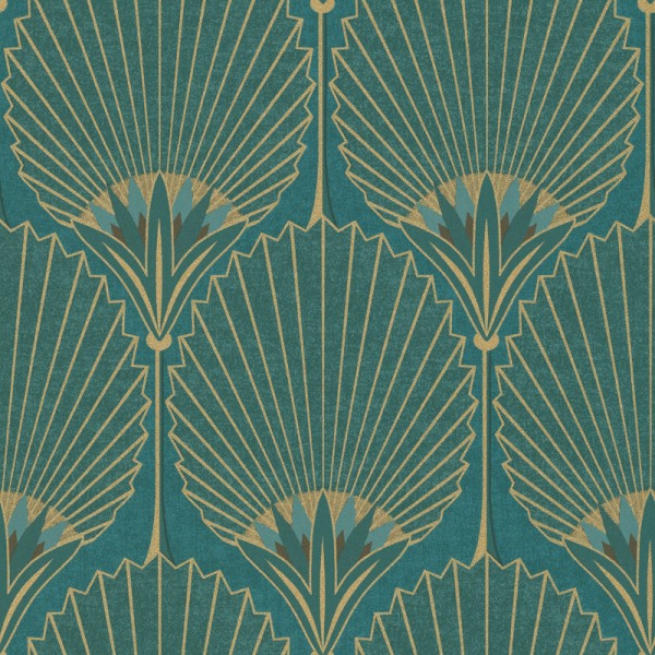 Papel pintado con palmeras azul bondi con estilo art deco y tonalidades  doradas