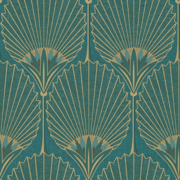 Paper pintat palmeres de color blau bondi amb estil art deco i tonalitats daurades