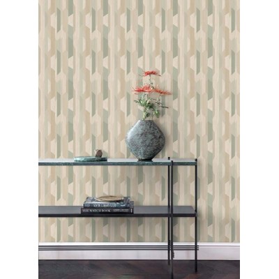 Papel pintado geométrico con textura a madera de color beige y verde 2