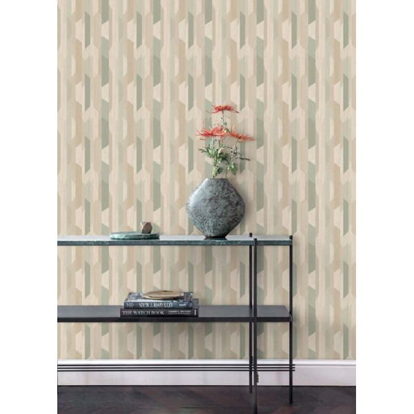 Papel de parede geométrico com textura madeira cor bege e verde