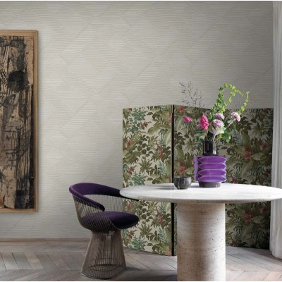 Papel pintado geométrico con forma de zig zag de color beige y tonalidades plateadas y beige metalizado