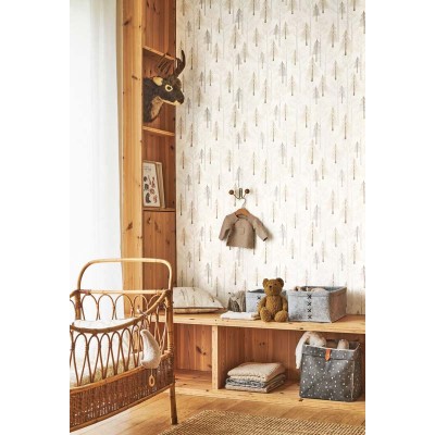 Papel pintado infantil con árboles de color naranja acuarelado y gris 2