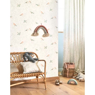 paper pintat infantil amb ocells i plantes de color rosa nude i blanc. 2