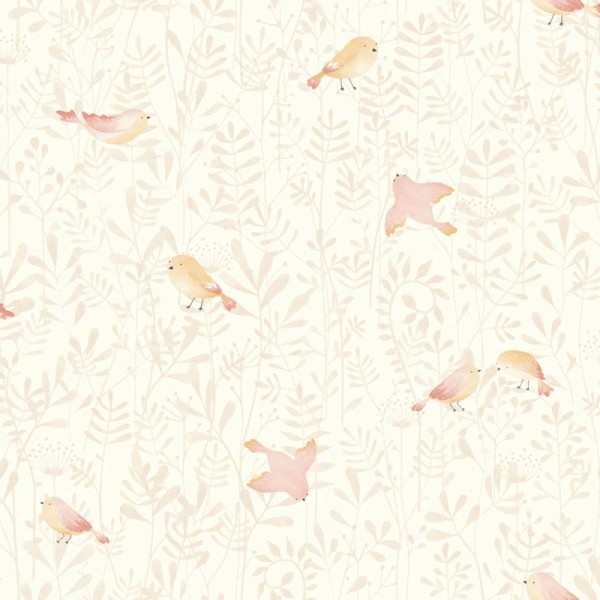 papel de parede com pássaros e plantas em rosa nude e branco
