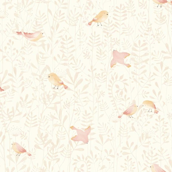 paper pintat infantil amb ocells i plantes de color rosa nude i blanc.