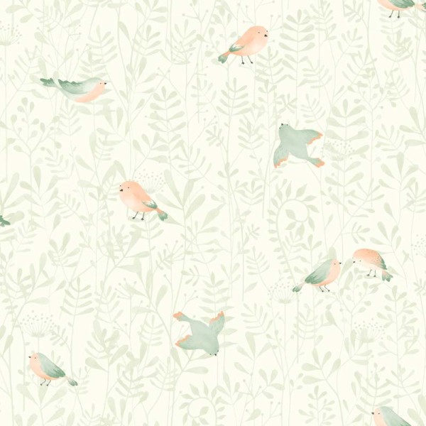 papel pintado infantil con pájaros y plantas de color verde y blanco