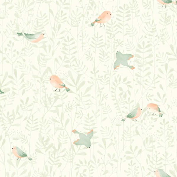 paper pintat infantil amb ocells i plantes de color verd i blanc