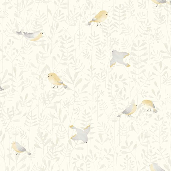 papel de parede com pássaros e plantas em cinza