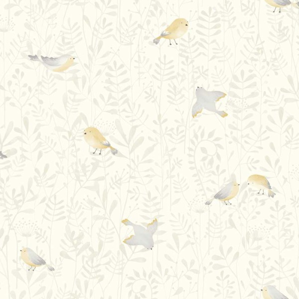 papel pintado infantil con pájaros y plantas de color gris y blanco