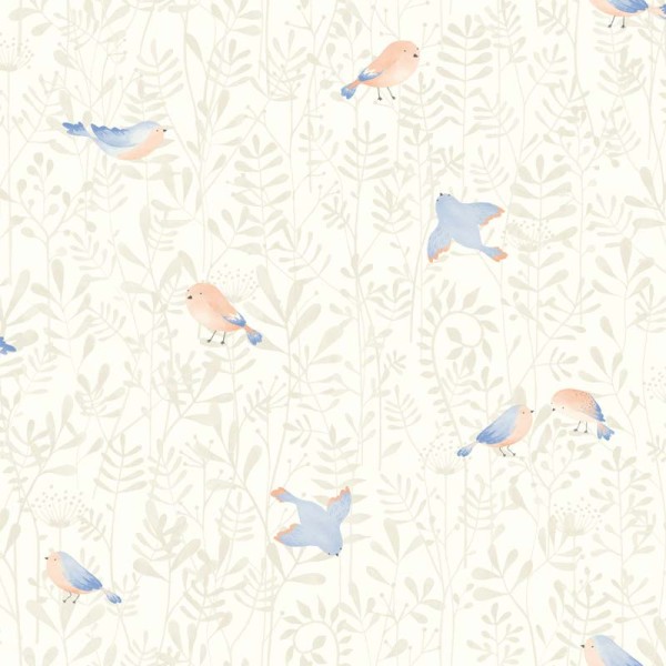 papel pintado infantil con pájaros azules y plantas de color beige