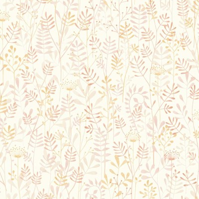 Papel pintado infantil jardín salvaje lleno de plantas de color rosa nude con acabado efecto acuarela