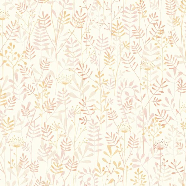 Papel de parede infantil jardim selvagem cheio de plantas rosa nude com acabamento efeito aquarela