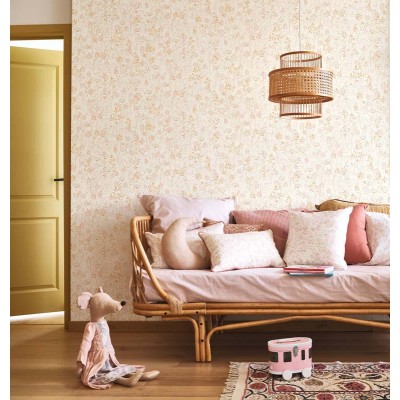 Papel de parede infantil jardim selvagem cheio de plantas rosa nude com acabamento efeito aquarela 2