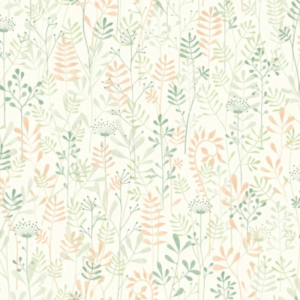 Papel de parede infantil jardim selvagem cheio de plantas verde com acabamento efeito aquarela