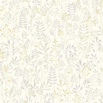 Papel pintado infantil jardín salvaje lleno de plantas de color gris y mostaza